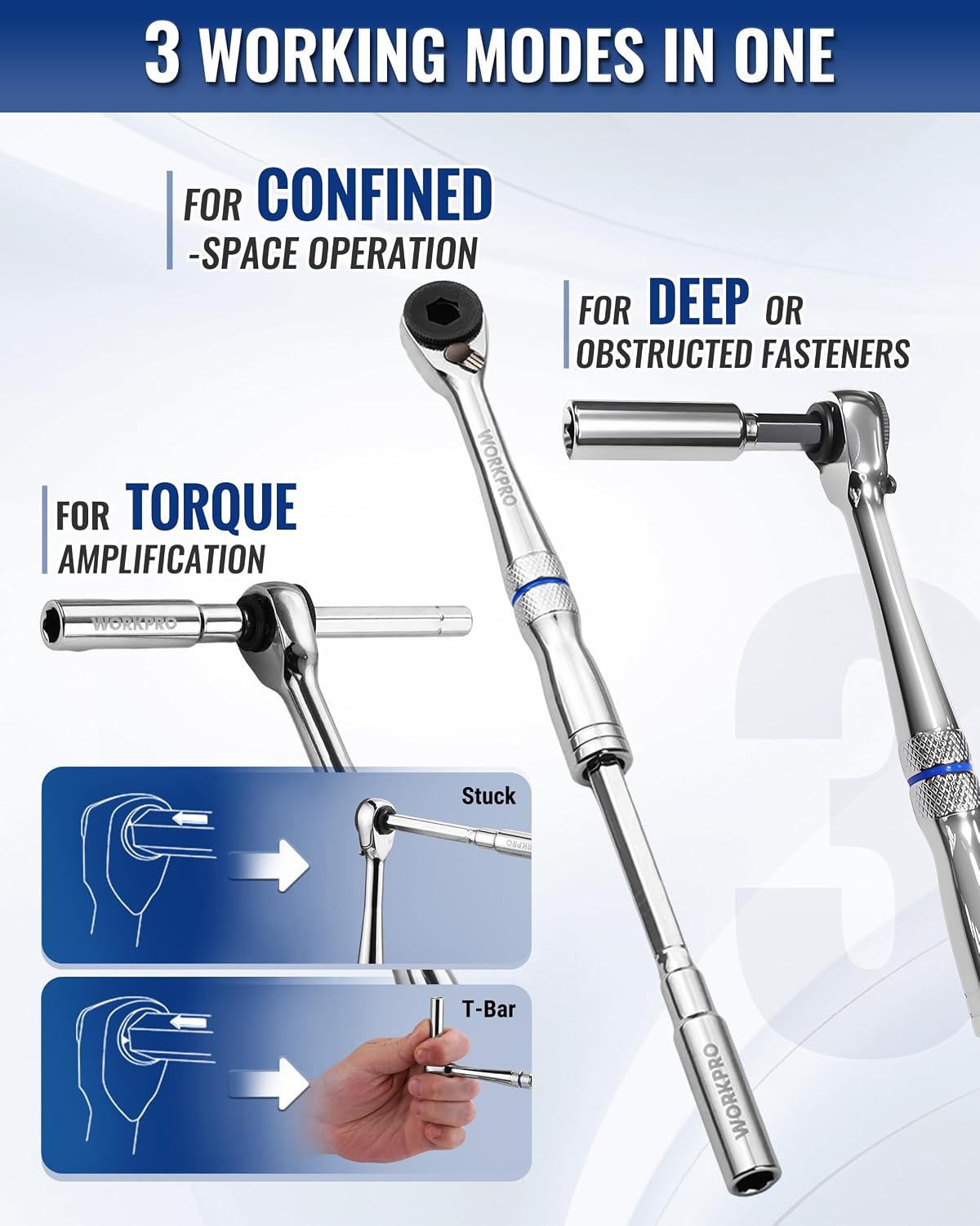 WORKPRO 15PC 14 inch Dr. Mini Ratchet with Extension Bar and Bits Set, durable quality and secure innovation