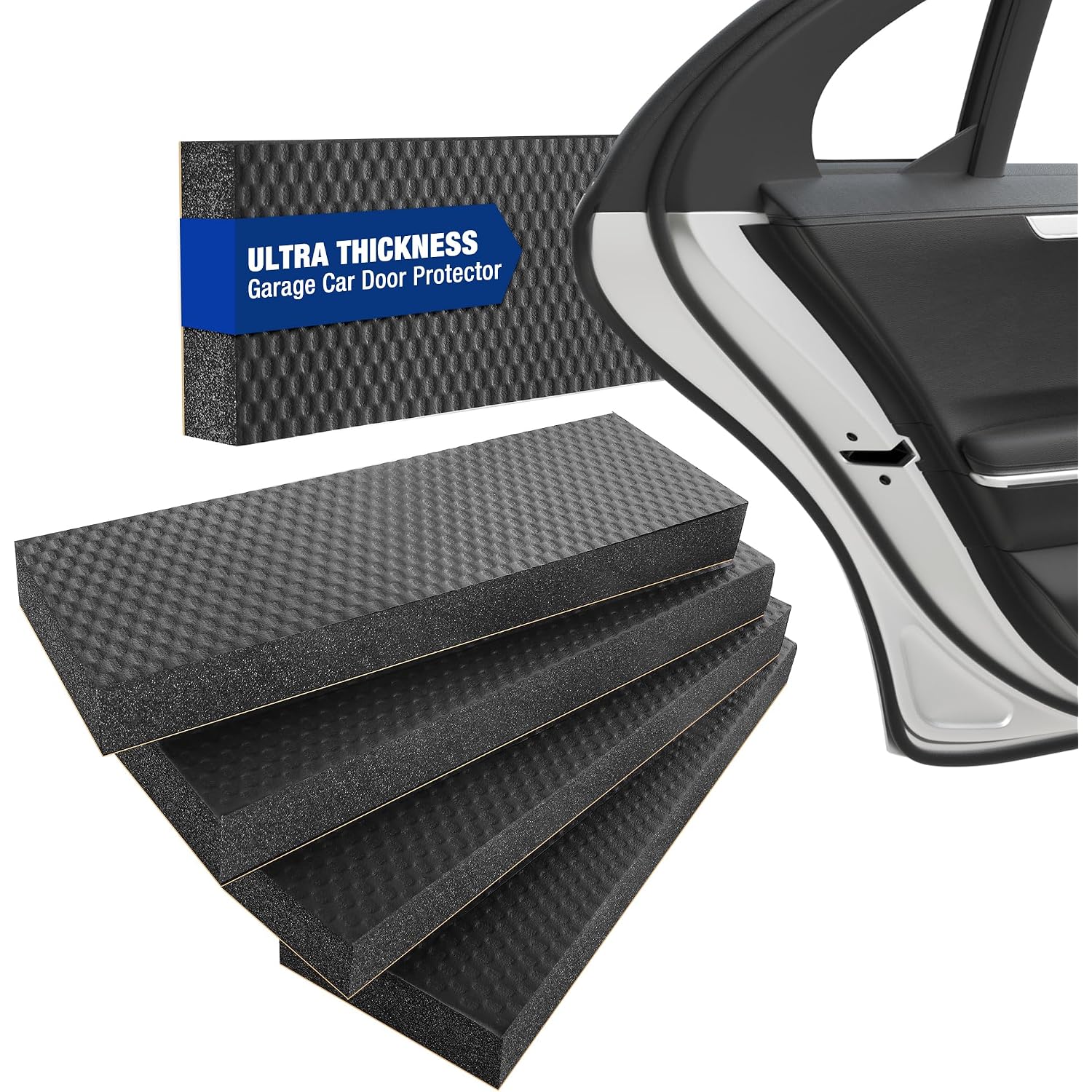 Stacked black garage car door bumper guards with textured mesh and adhesive strip backing