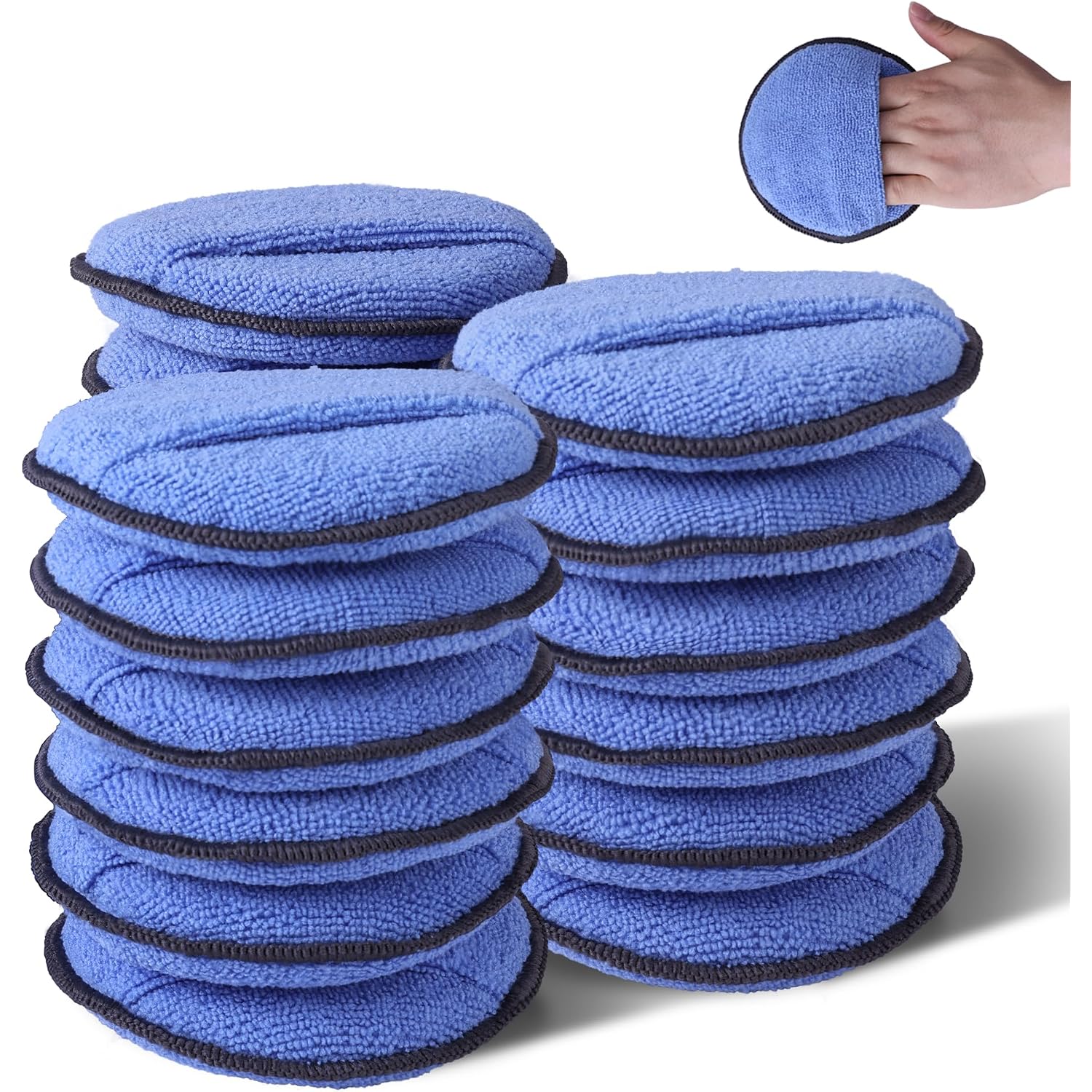18-pack stack of blue microfiber wax applicator pads with black trim, oval pads.