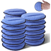 18-pack stack of blue microfiber wax applicator pads with black trim, oval pads.
