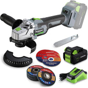 WORKPRO cordless angle grinder with accessories: guard, discs, spanner, and 20V battery