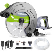 WORKPRO wet concrete saw kit with diamond blade, handle, power adapter, and water hose