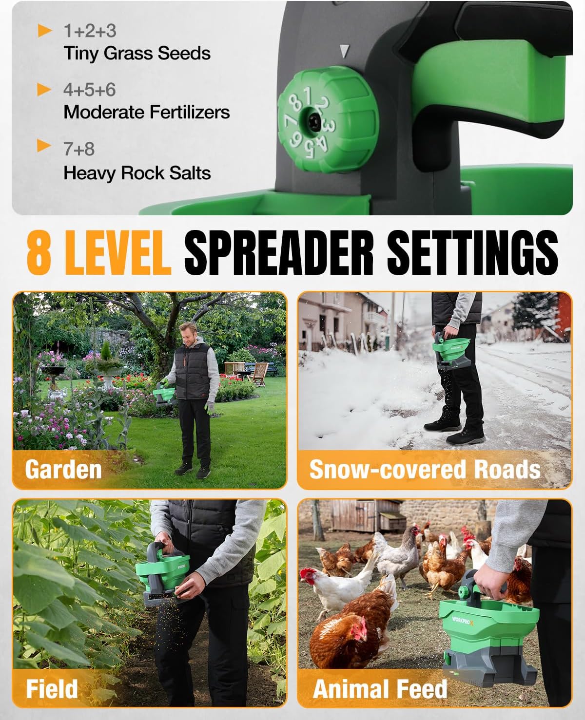 Handheld seed spreader with 8 level settings dial and dispensing hopper