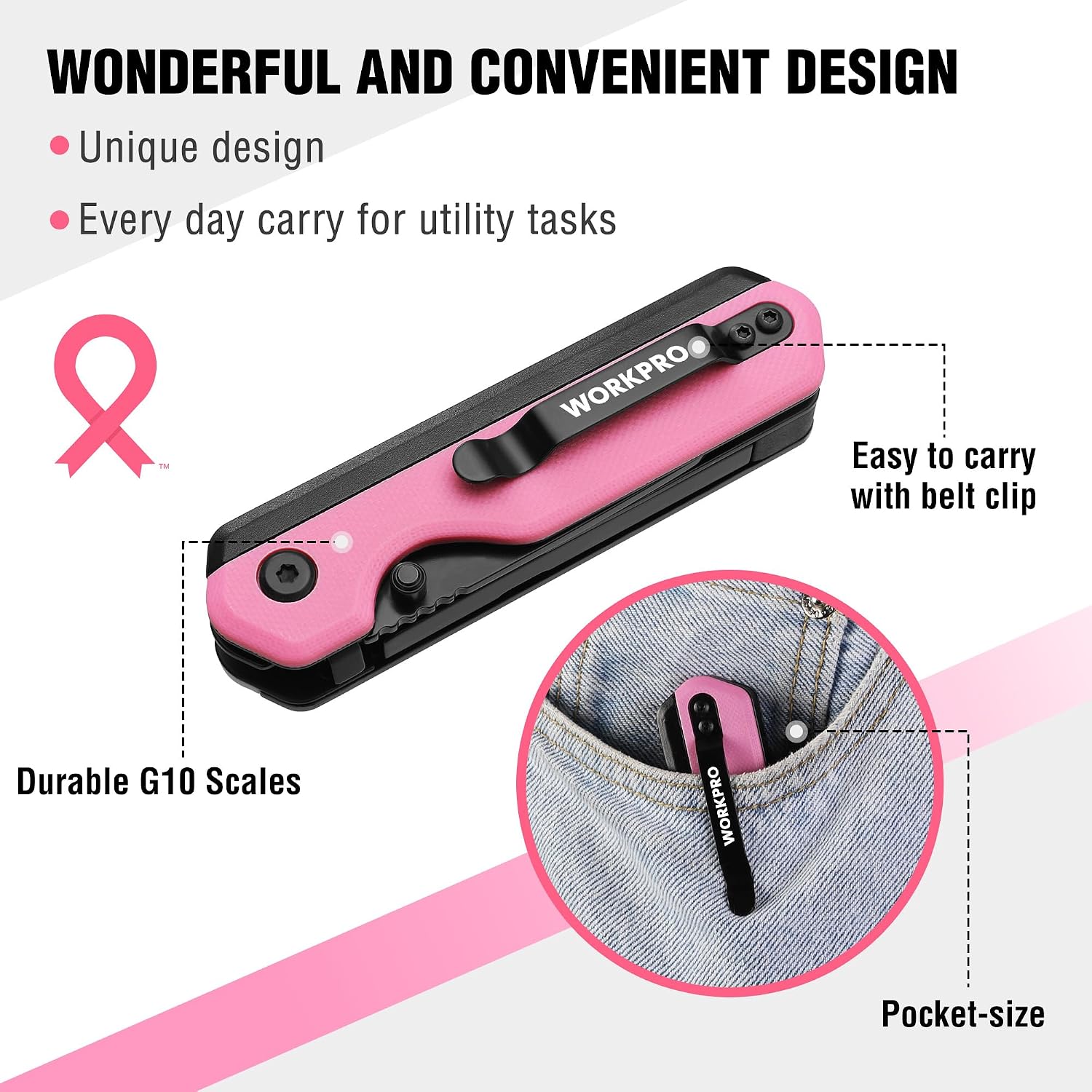 WORKPRO 2-in-1 Folding Knife, Quick-Change Box Cutter with Belt Clip, Liner Lock, and G10 Handle, Extra 10 SK5 Blades Included - Pink Ribbon