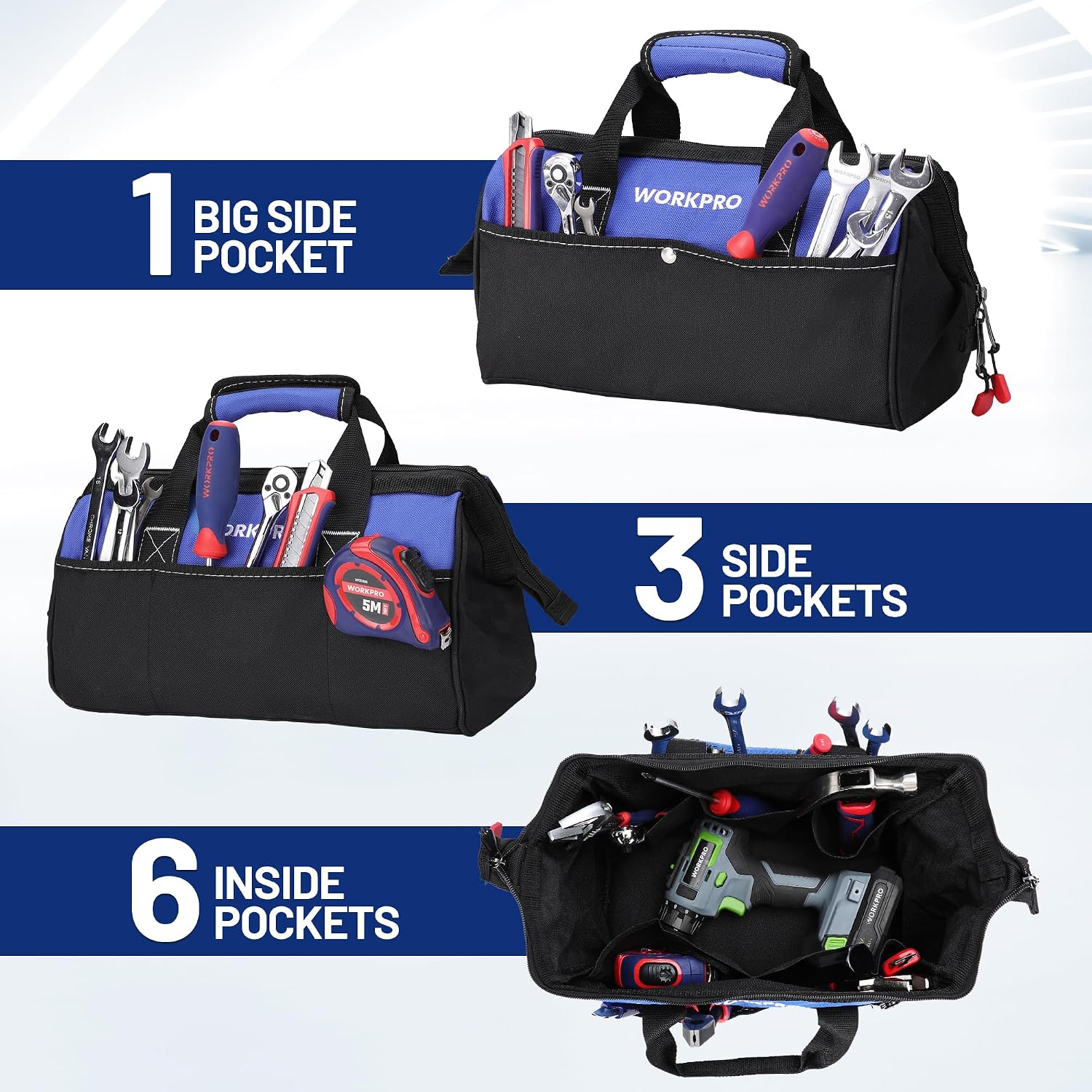 WORKPRO 13 inch wide mouth tool tote bag in black with inside pockets, durable quality and secure innovation