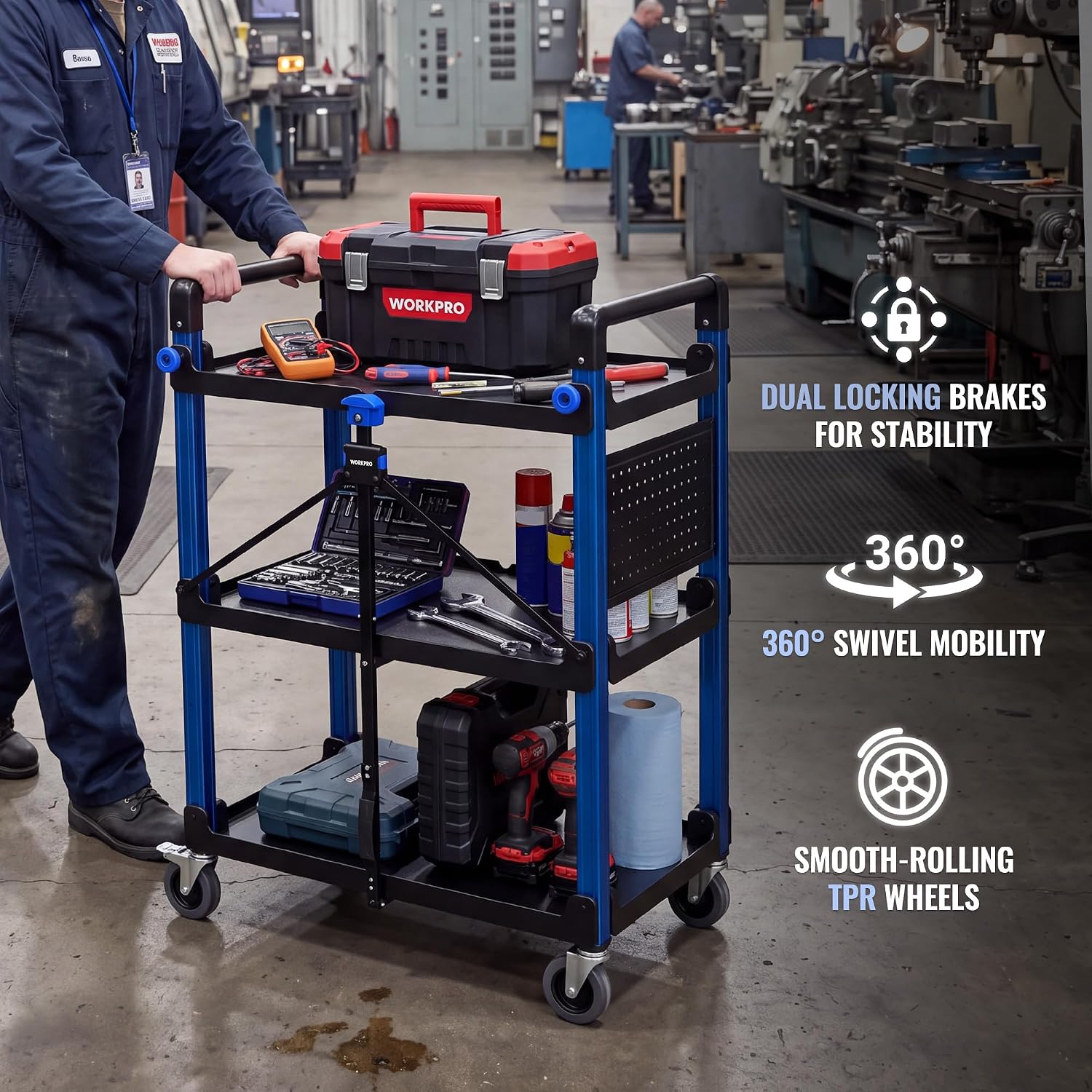 WORKPRO 3-Tier Heavy Duty Collapsible Service Cart-Blue and Black