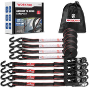Red-and-black ratchet tie-down strap set with carrying bag and retail package