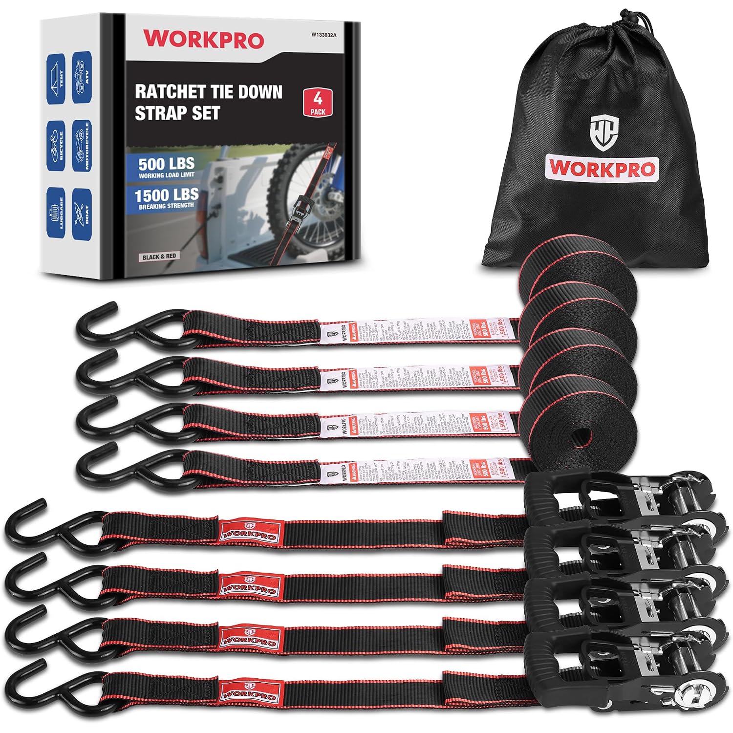 Red-and-black ratchet tie-down strap set with carrying bag and retail package
