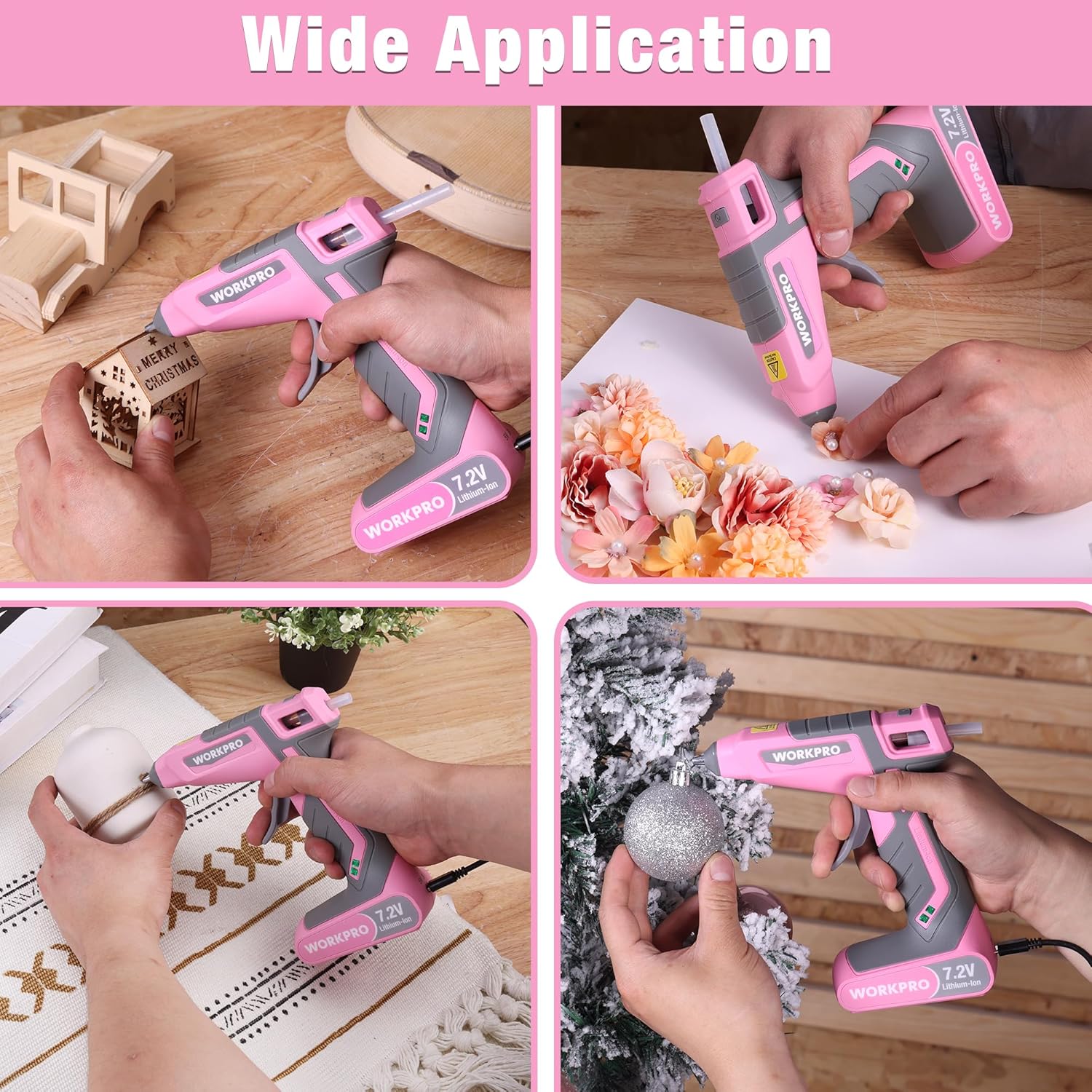 WORKPRO 7.2V Cordless Hot Melt Glue Gun Kit- Pink Ribbon, innovation and durable quality for secure crafting