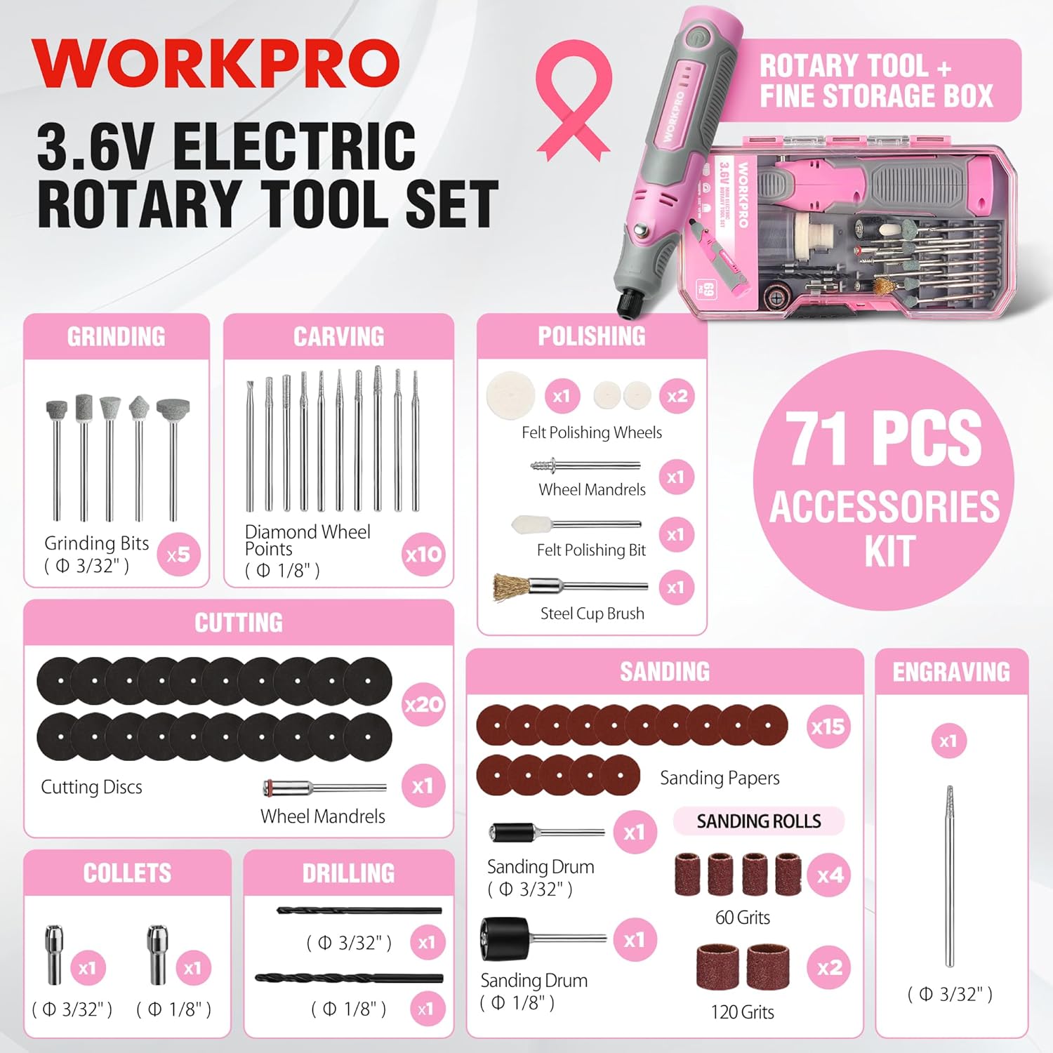 Pink 3.6V cordless rotary tool set with 71-piece accessory kit in hard case