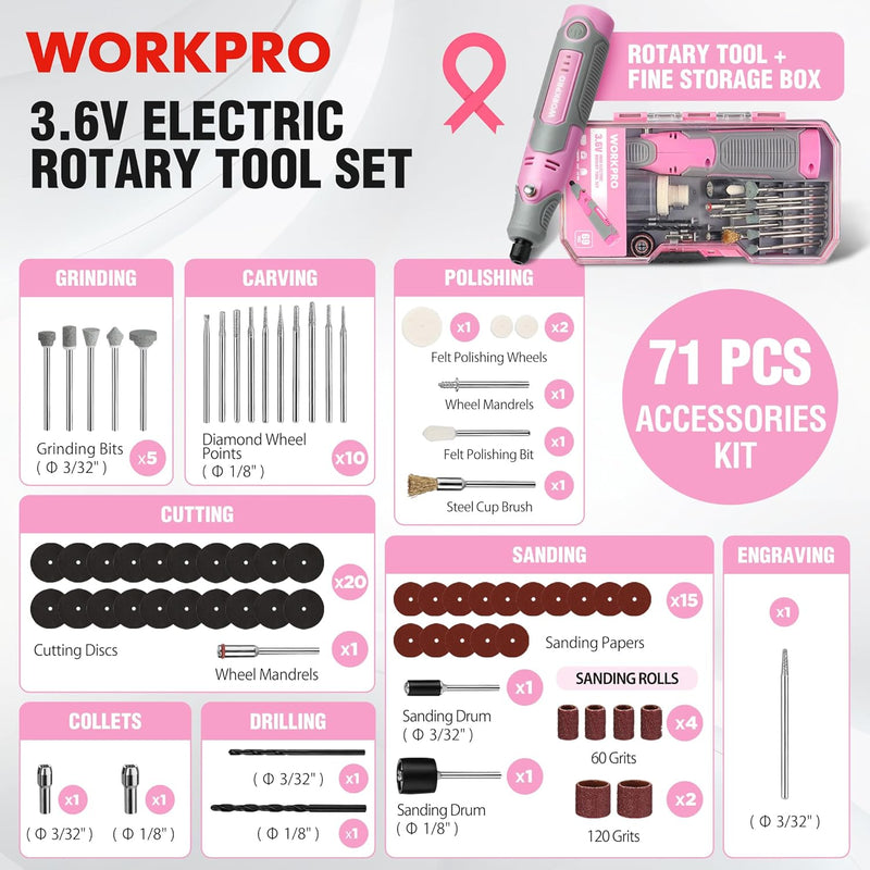 WORKPRO 3.6V Pink Electric Cordless Rotary Tool Set - Pink Ribbon