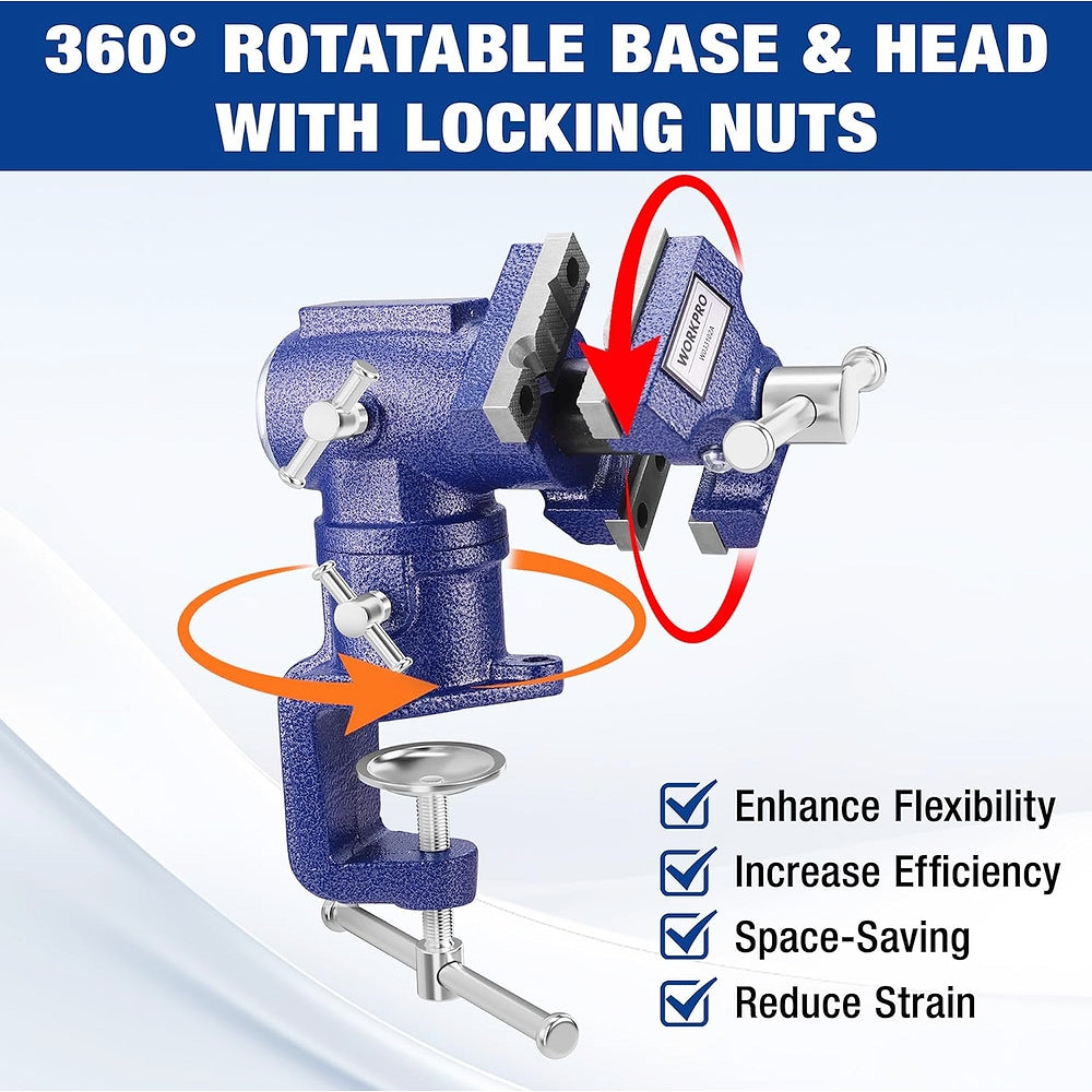 Blue clamp-on bench vise with 360° swivel base and dual jaws