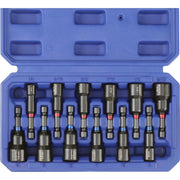 Hex nut driver bit set with magnetic heads in blue plastic organizer case