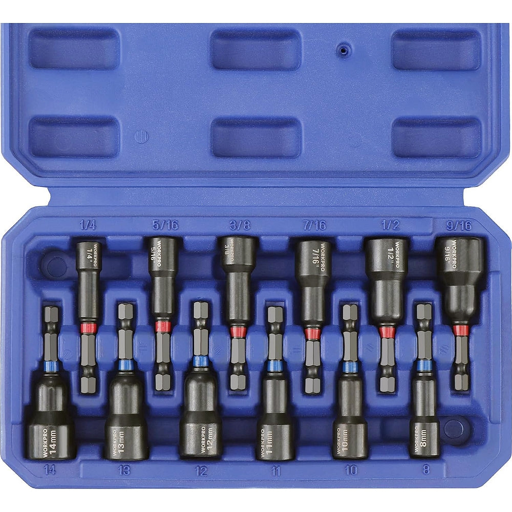 Hex nut driver bit set with magnetic heads in blue plastic organizer case