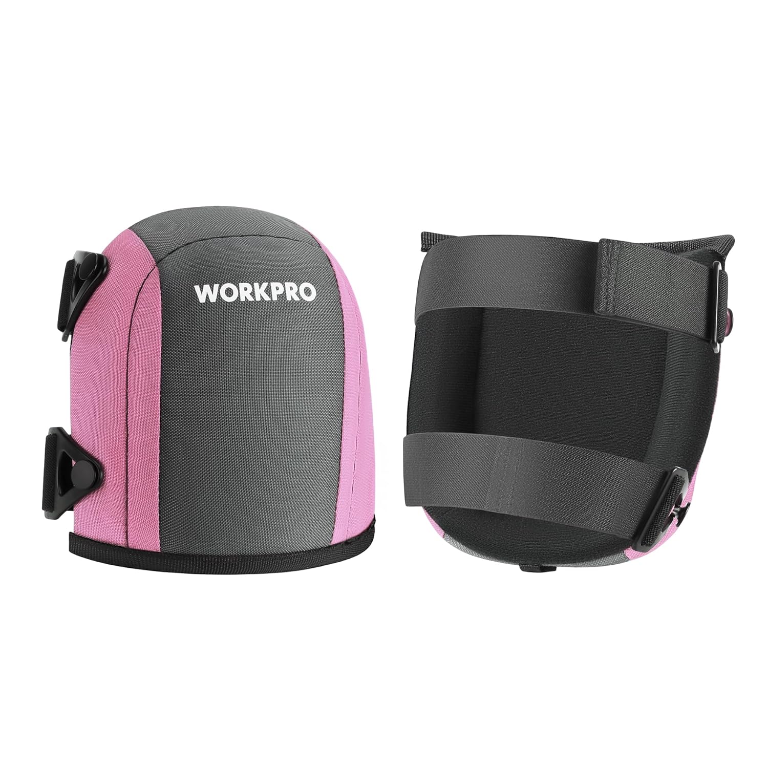 Pink and gray knee pad pair with black straps and buckles, front and back views.