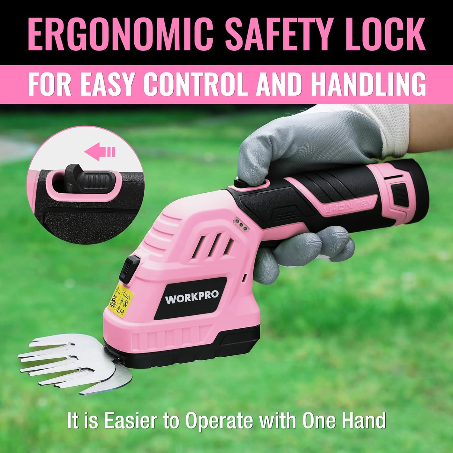 Pink cordless handheld trimmer with ergonomic lock and comb blade