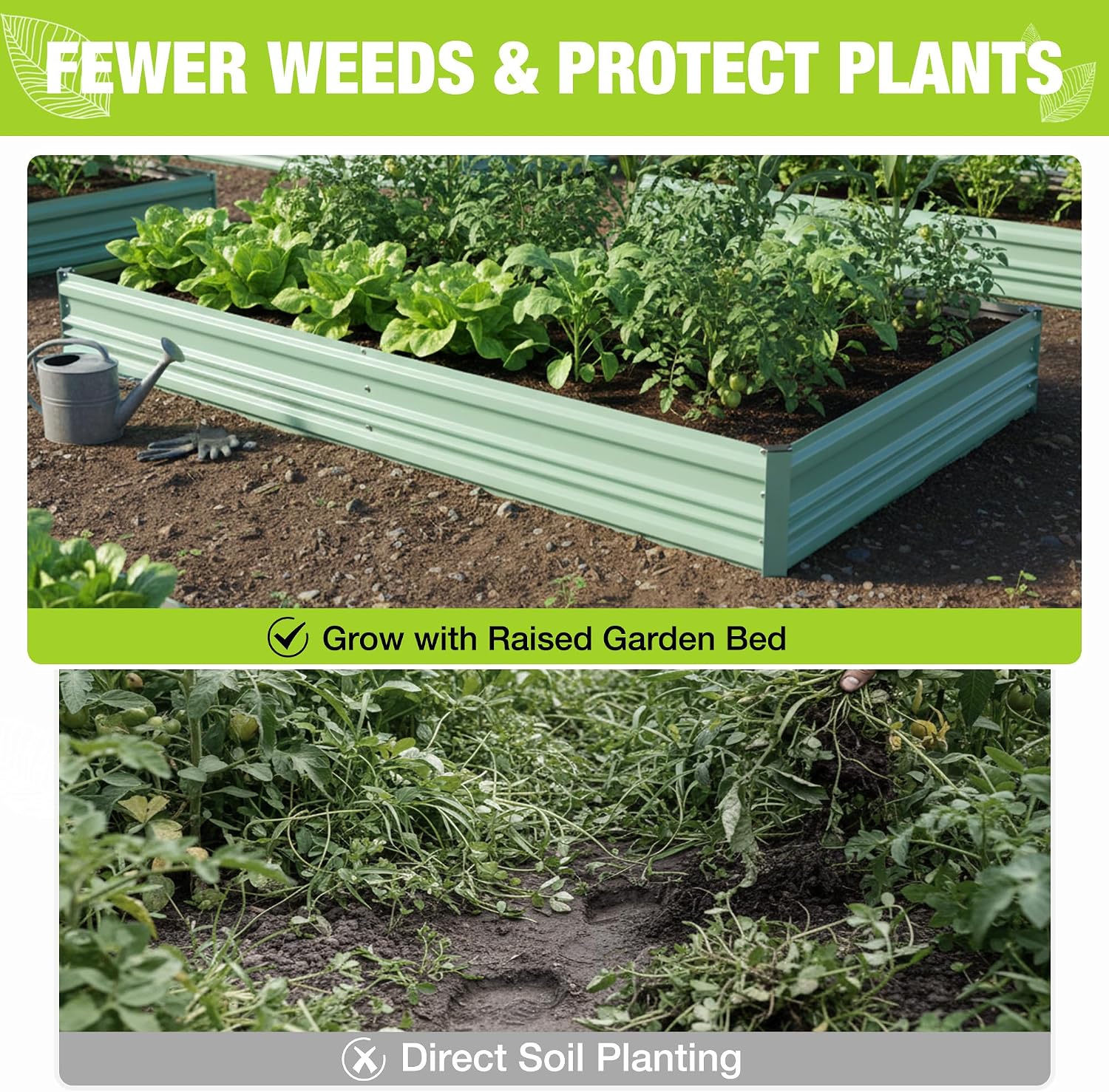 Green raised garden bed with leafy vegetables growing above dark soil