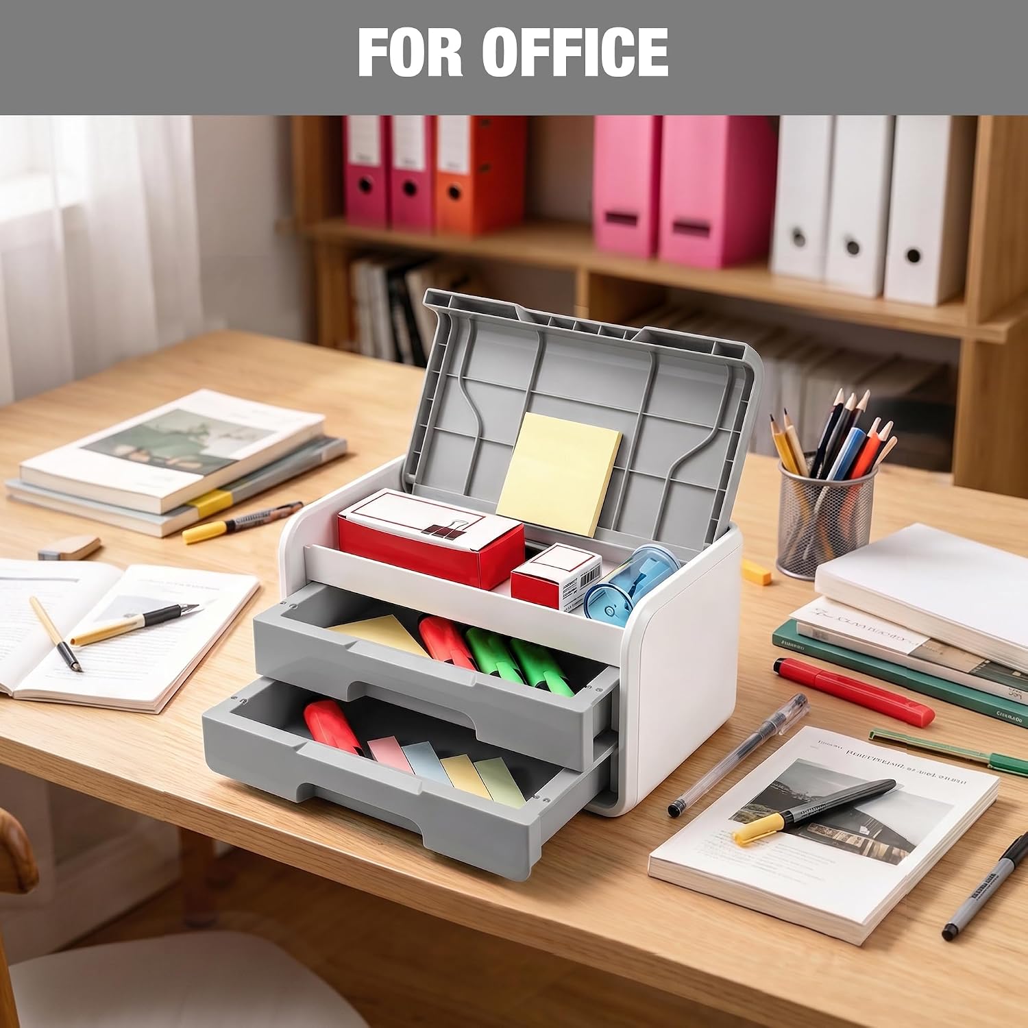 Grey and white desktop organizer with flip-top lid and two drawers for office supplies