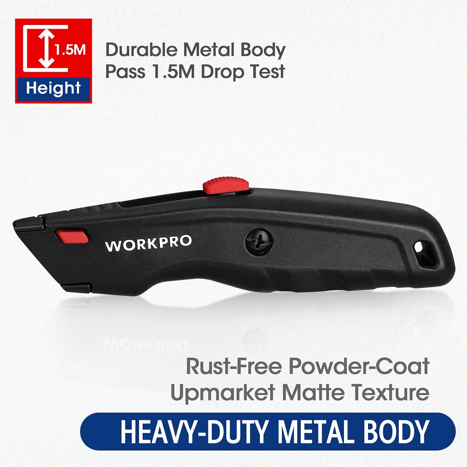 Heavy-duty retractable utility knife with black metal body and red top slider
