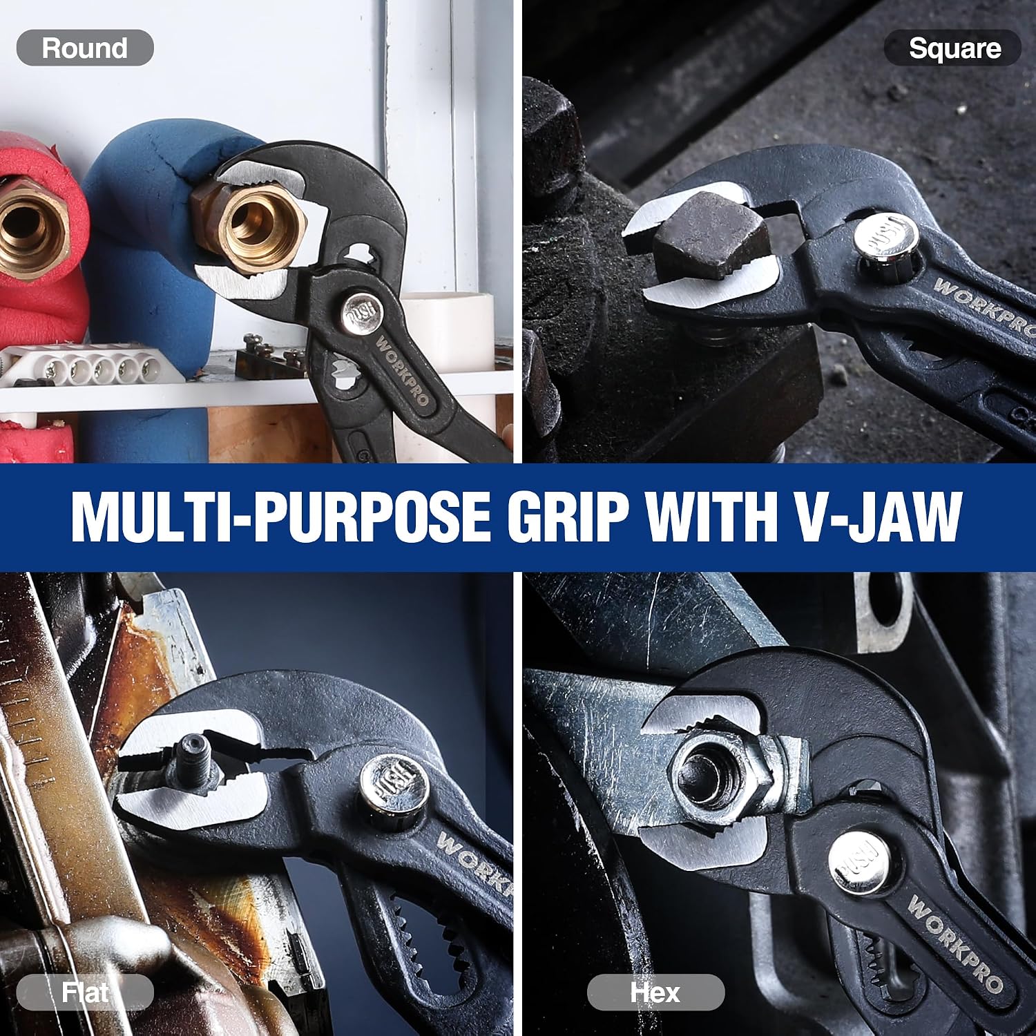 V-jaw groove pliers with multi-profile jaws for gripping nuts and bolt shapes