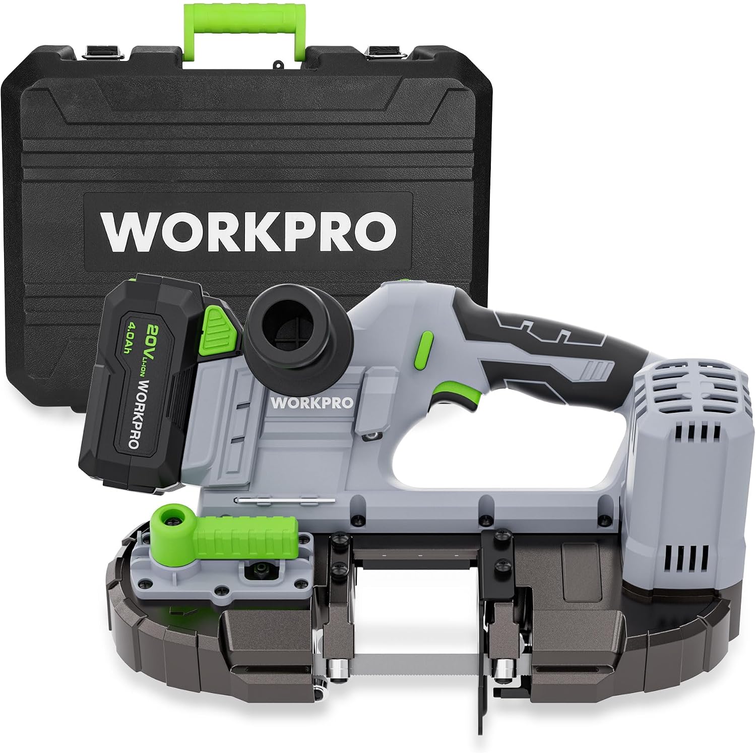 WORKPRO cordless portable band saw kit with battery pack, green front guard, and handle
