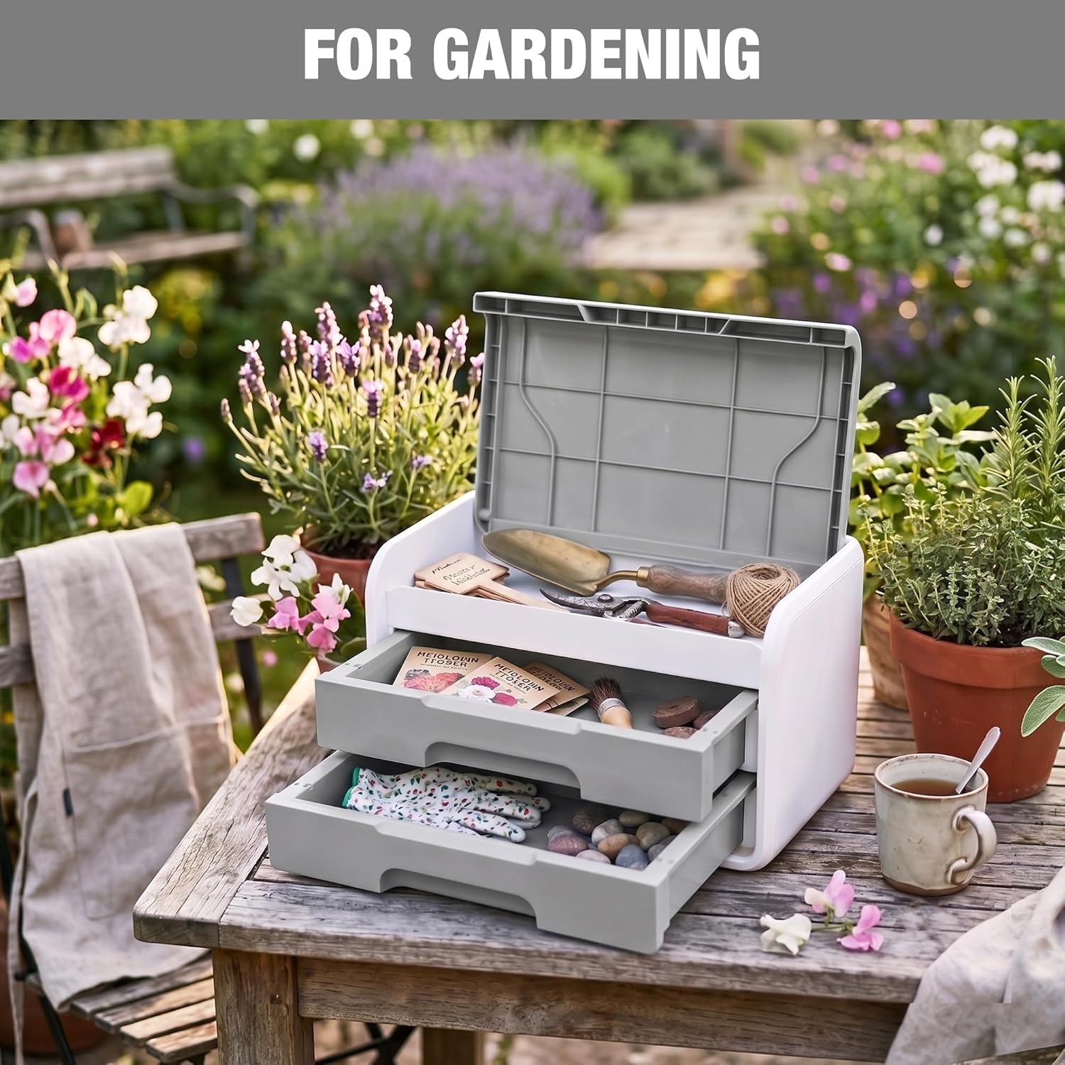Grey and white desktop drawer organizer with flip-top lid and two drawers, open