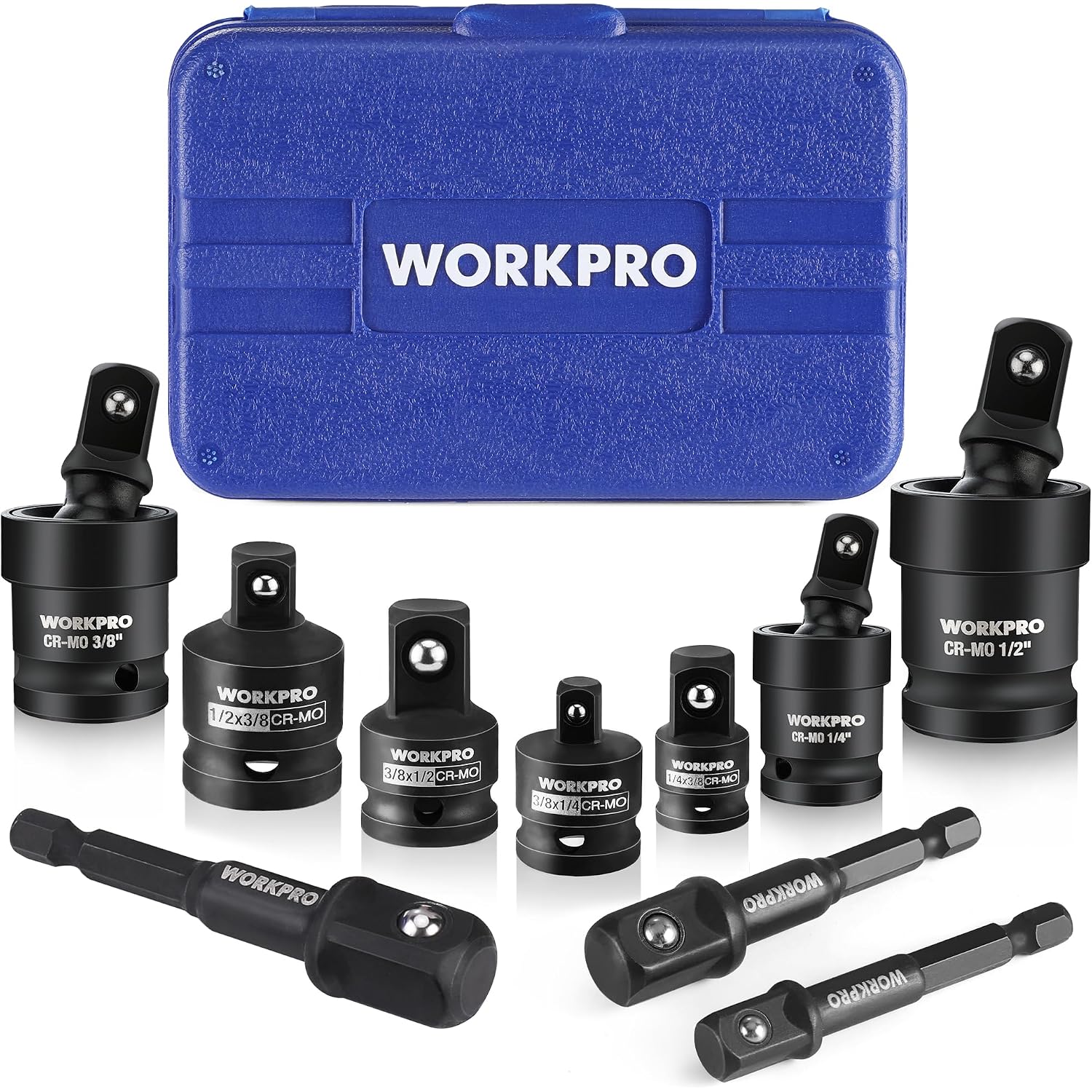 Blue case with black CR-MO impact socket adapters, reducers, universal joints, and hex extensions