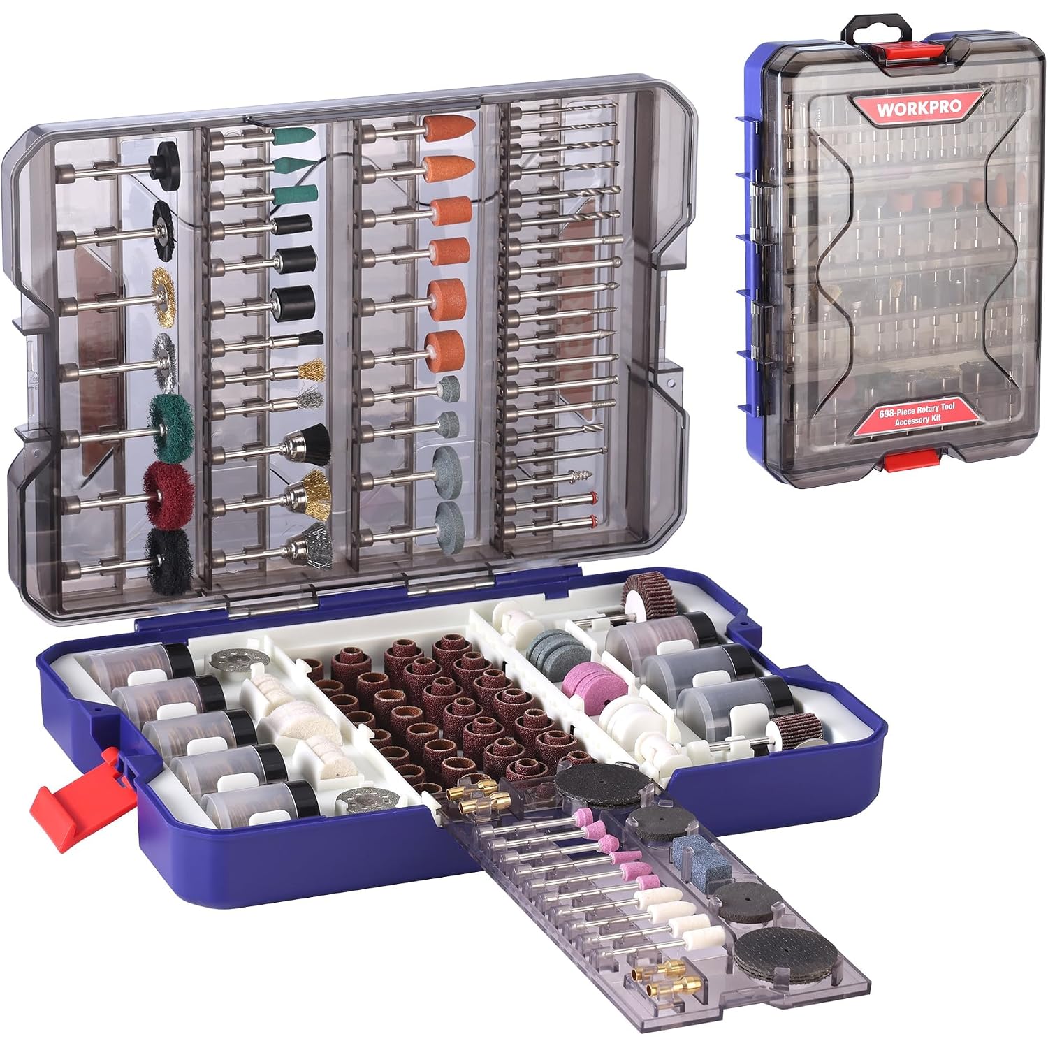 Rotary tool accessory kit case open with organized grinding and sanding attachments