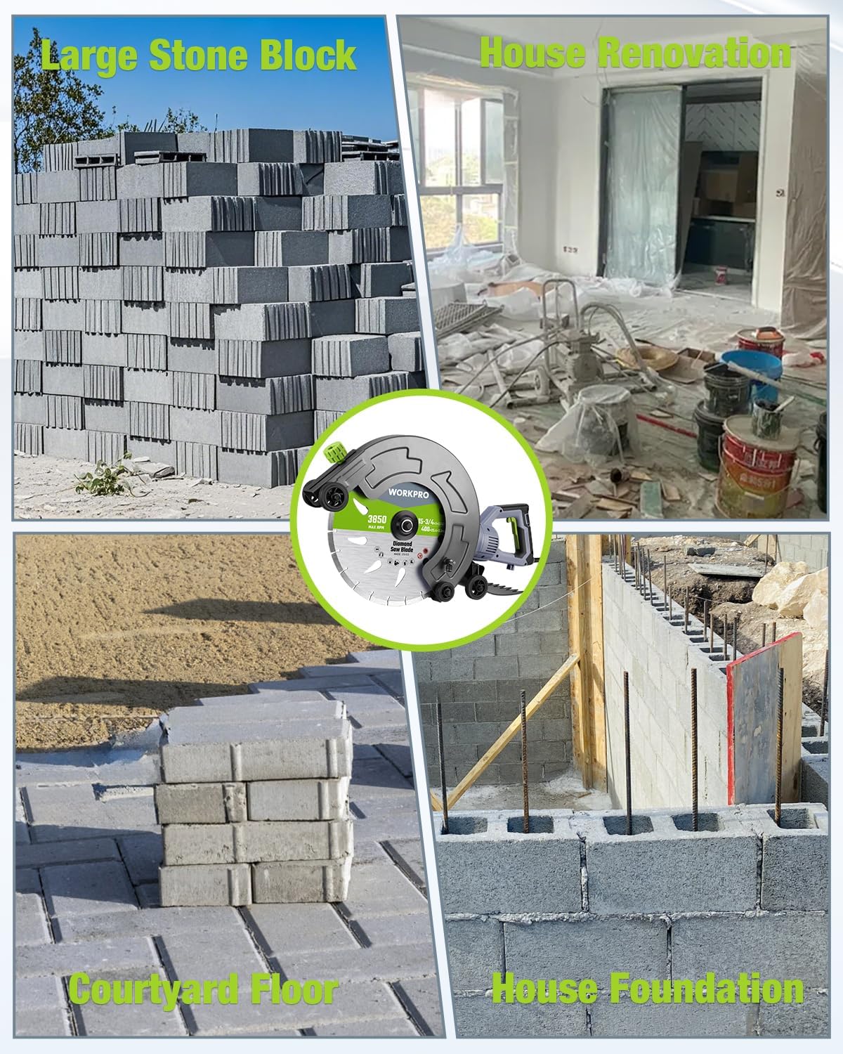 Compact wet concrete saw shown for stone cutting in courtyard floor and foundation work