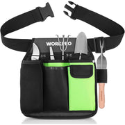 Black tool belt pouch with green front pocket and side storage, adjustable waist strap
