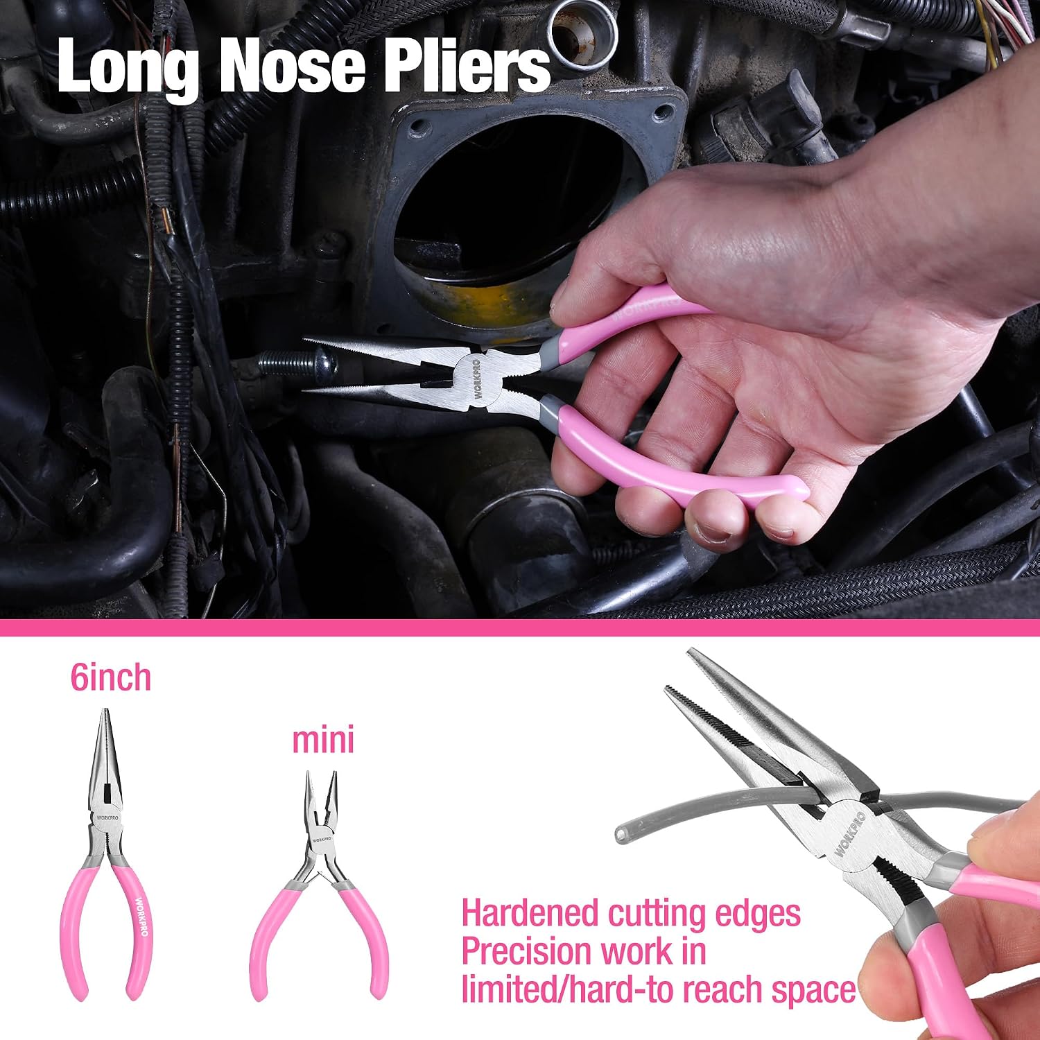 Pink-handled long nose pliers reaching into tight space in an engine bay