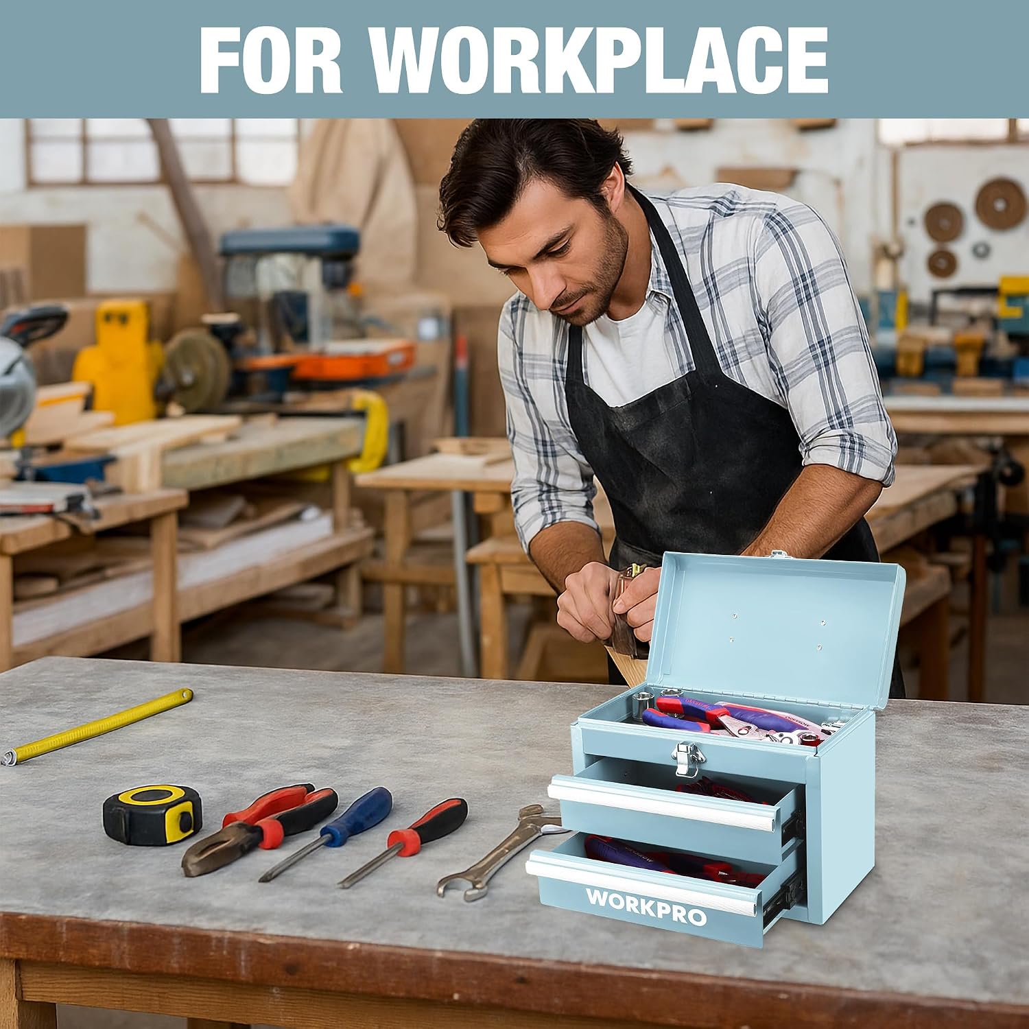 WORKPRO Portable & 12.5" Mini Metal Tool Box, Top Tool Chest Containing Two Drawers, Macaron Blue