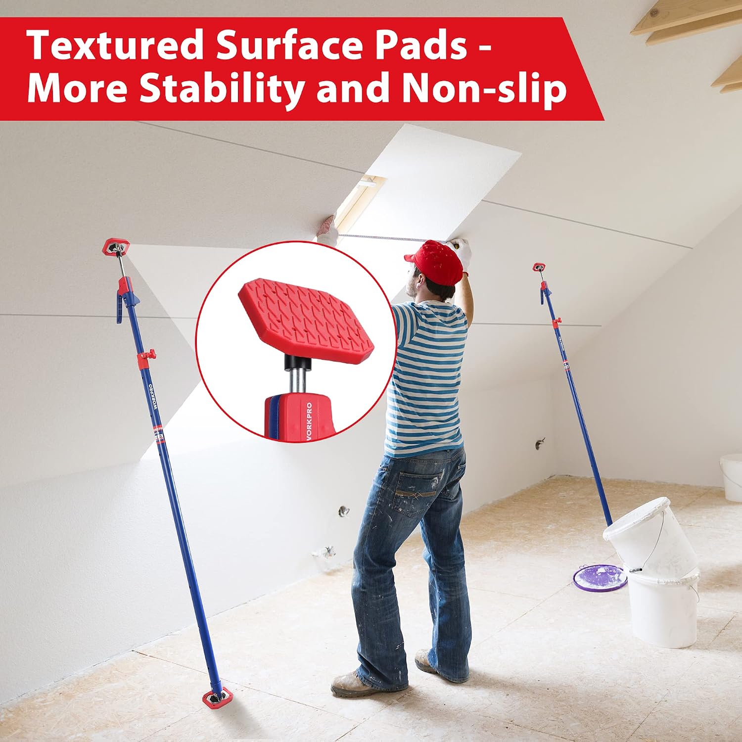 WORKPRO cabinet jack support pole 2-pack with 360 degree rotating head and non-slip PVC pads, red and blue