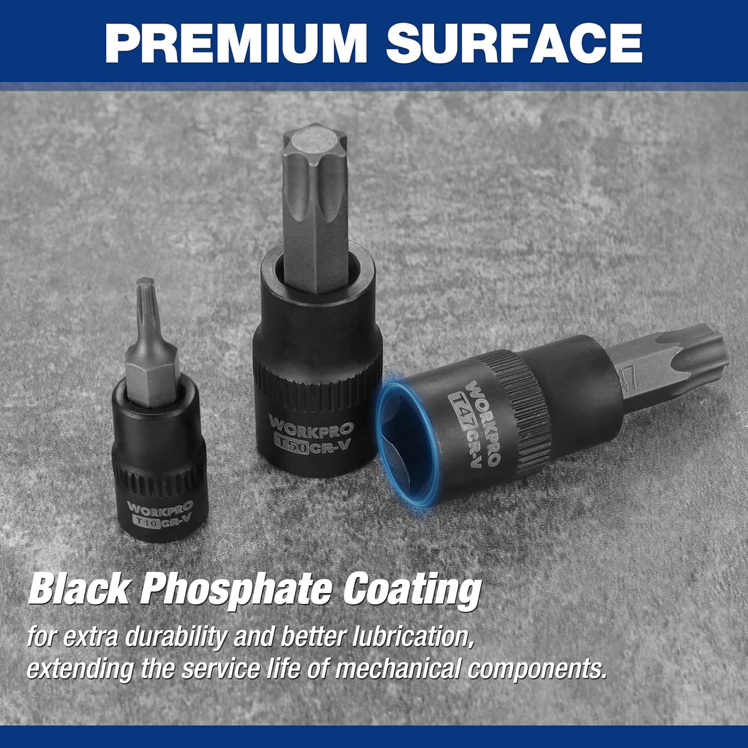 Black torx bit and CR-V socket with blue ring, phosphate coated tips