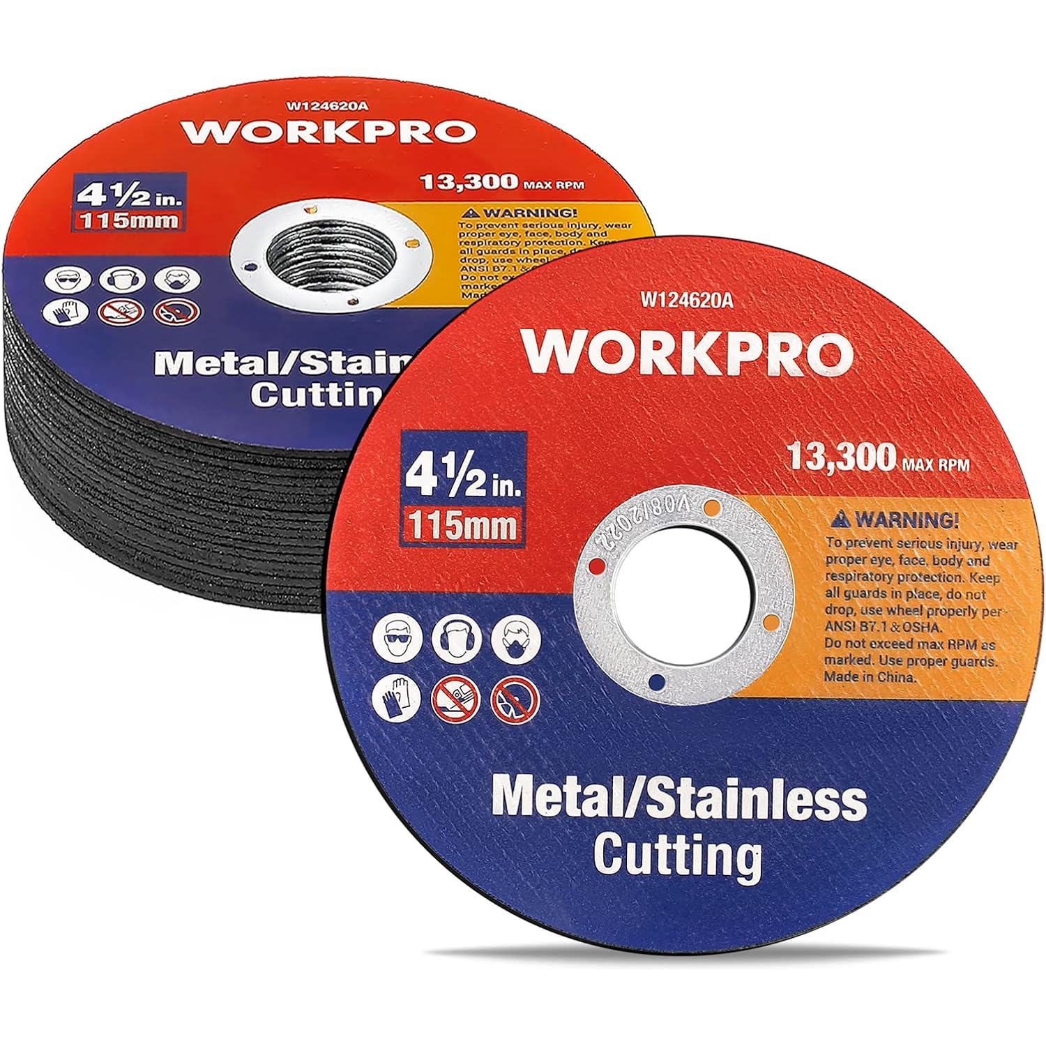 Set of 4-1/2 in metal/stainless cut-off wheel discs with red center label