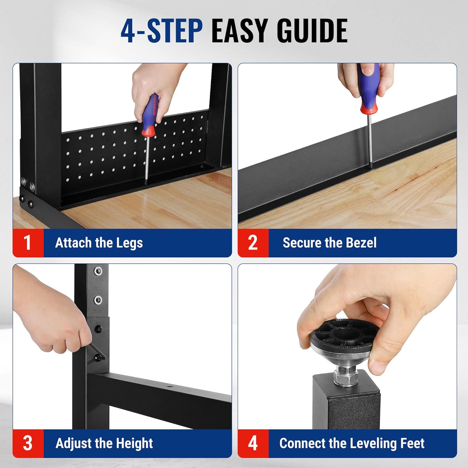 Workbench assembly steps showing attaching legs and adjusting leveling feet