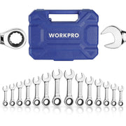 WORKPRO stubby combination wrench set laid out beside a blue storage case