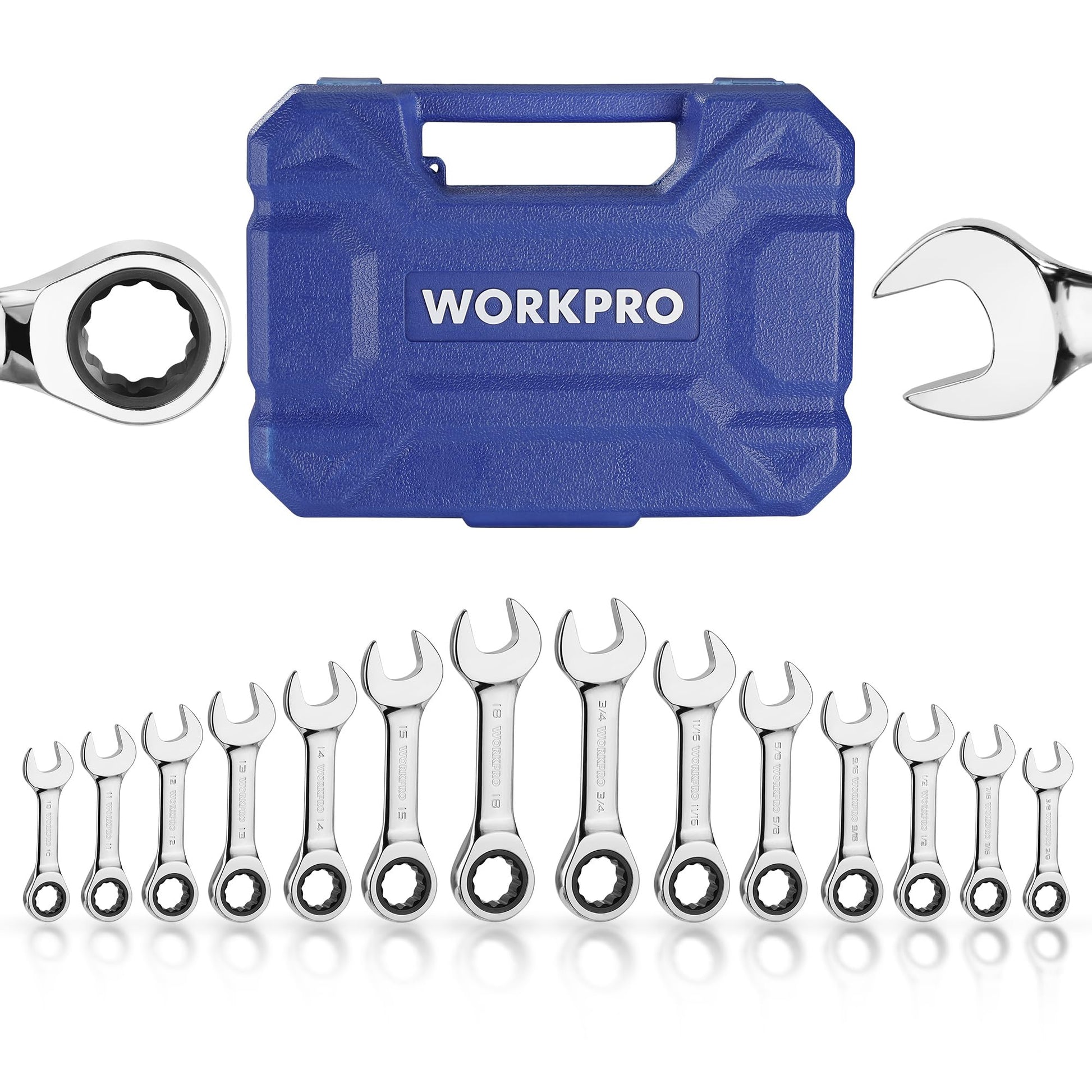 WORKPRO stubby combination wrench set laid out beside a blue storage case