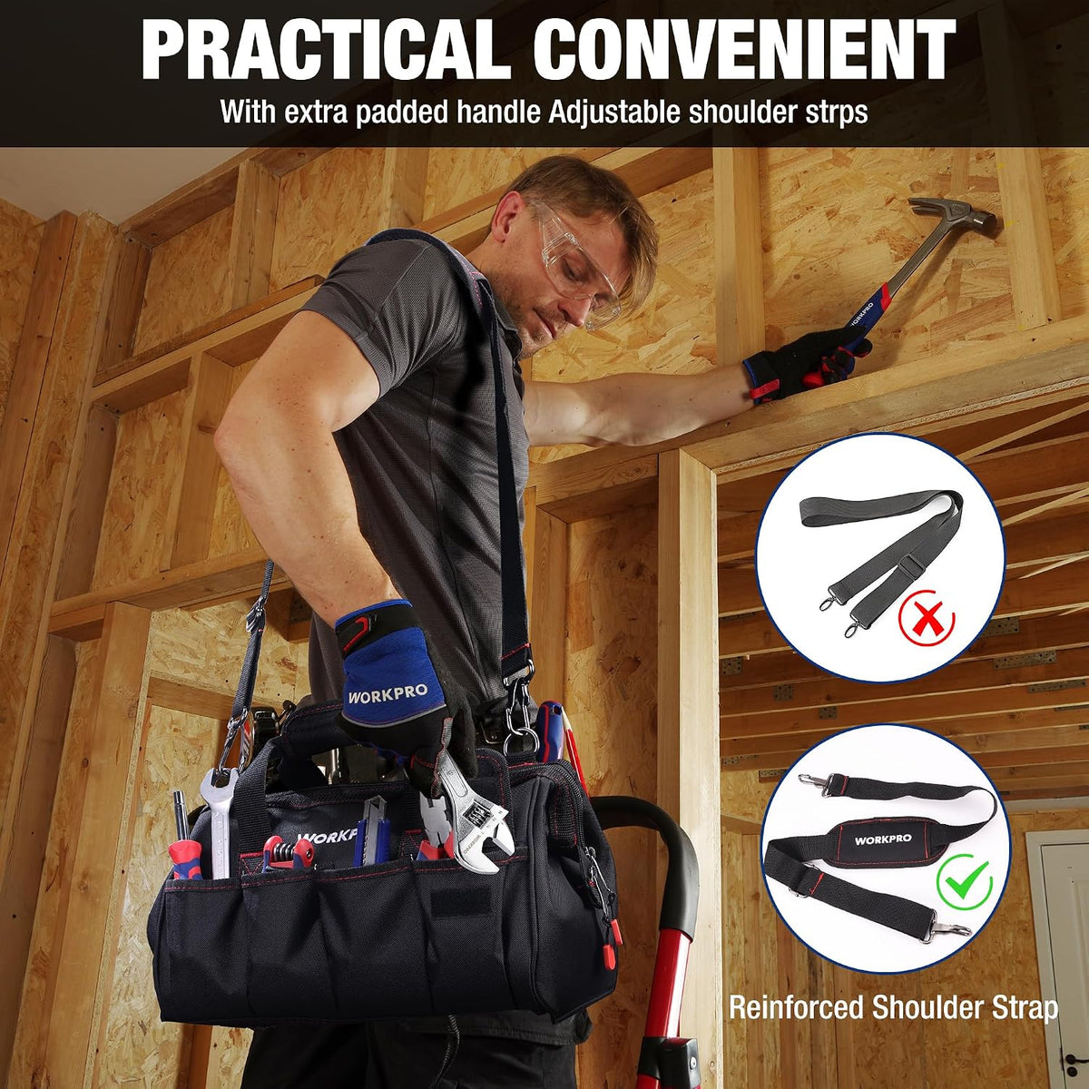 WORKPRO 14-inch Tool Bag Multi-pocket Tool Organizer with Adjustable Shoulder Strap