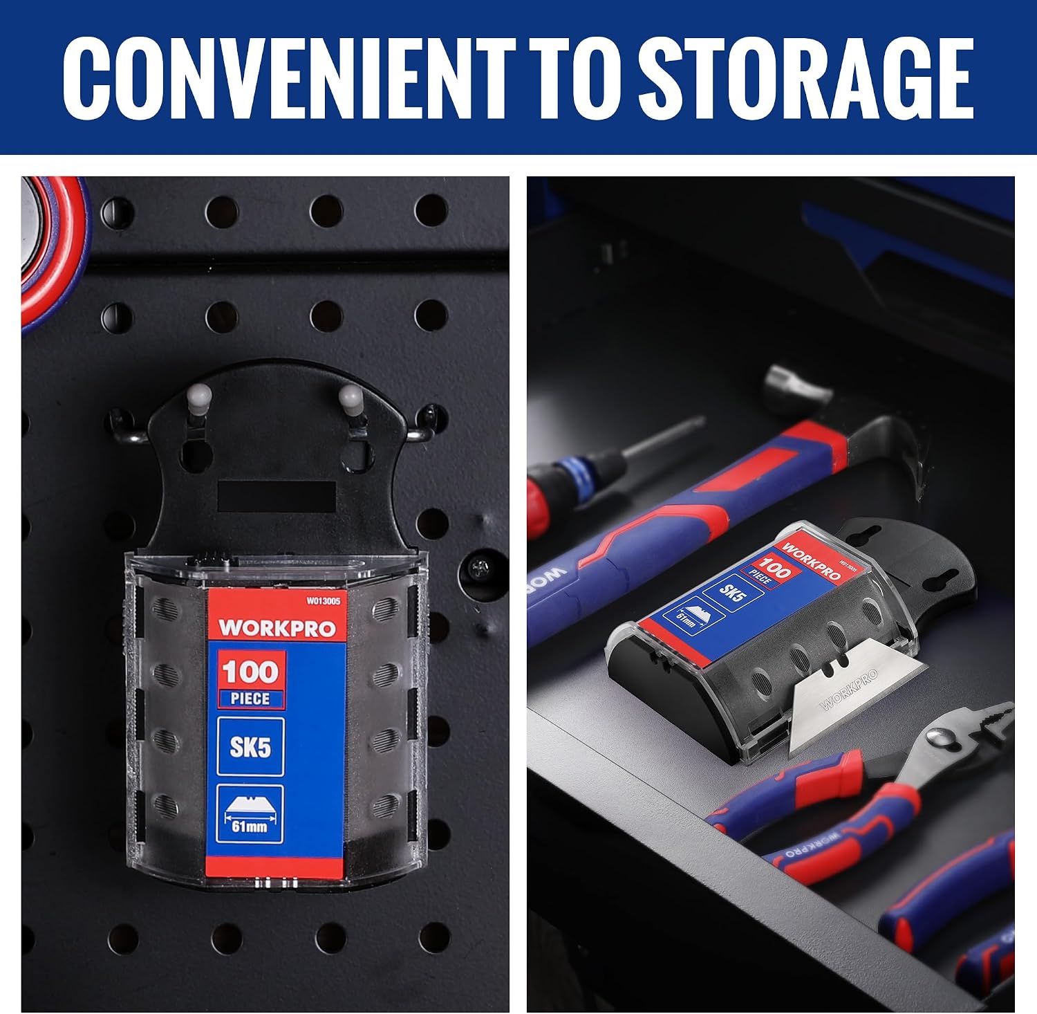 Utility knife blade dispenser set with blade pack and utility knives, neatly arranged