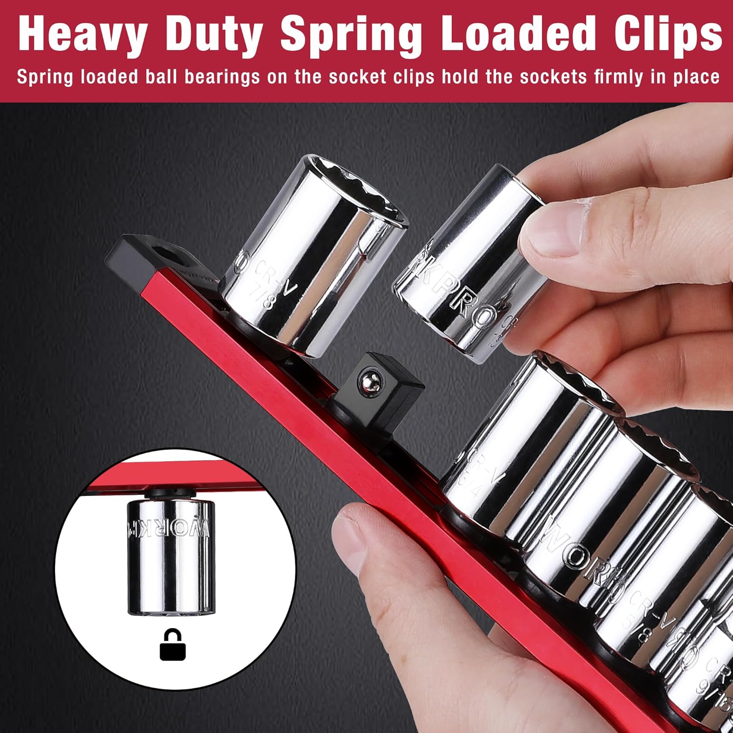 Red rail with spring-loaded black socket clips holding chrome sockets
