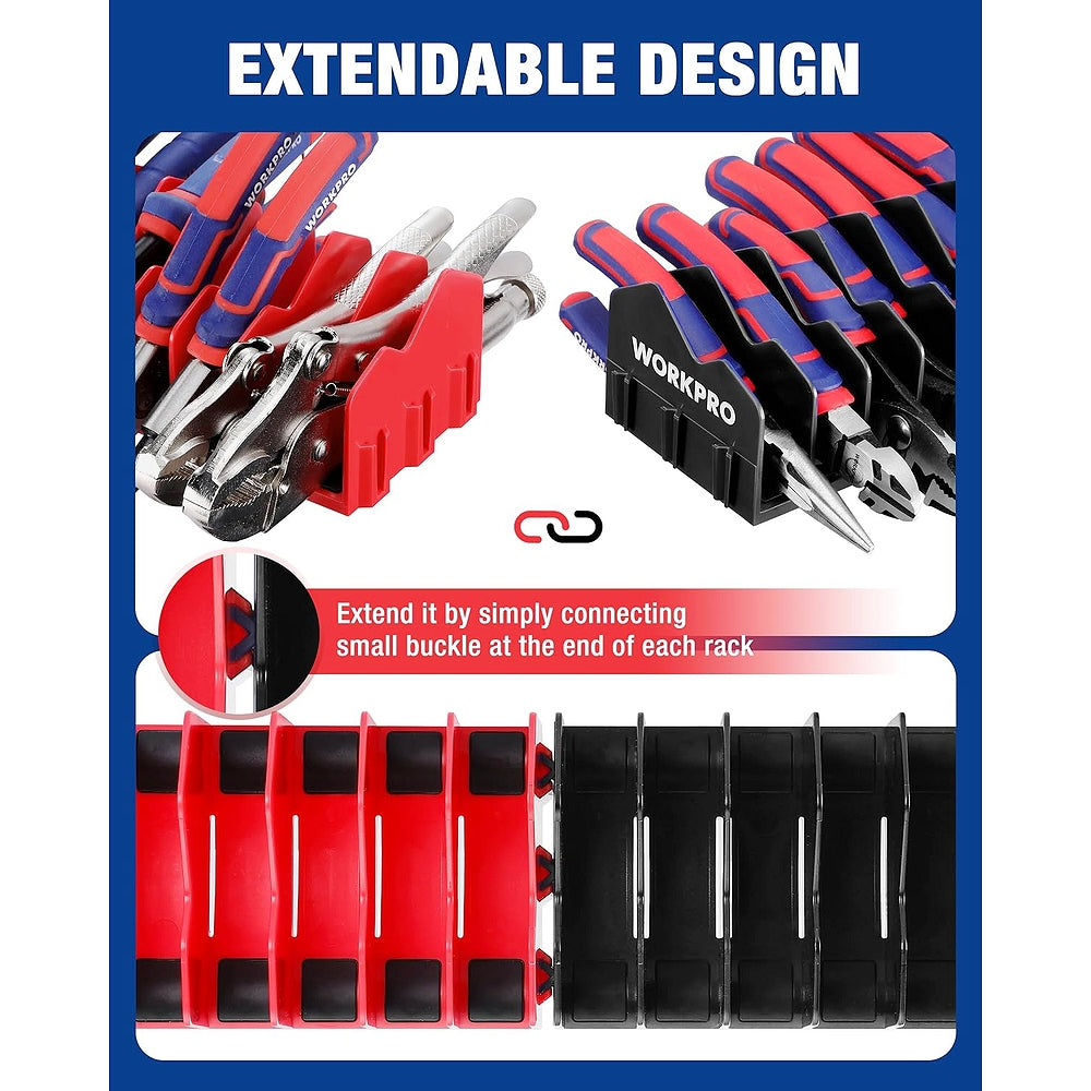 Expandable WORKPRO plier organizer rack with connector buckles linking two 20-slot units