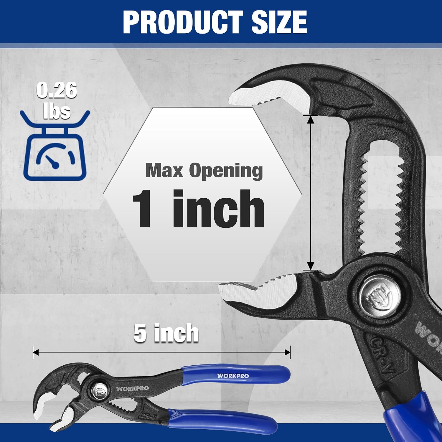 5-inch water pump pliers with black CR-V jaws and blue grips, max opening 1 inch