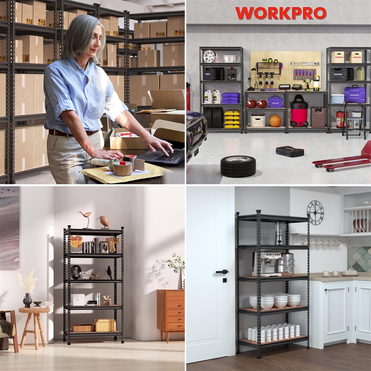 WORKPRO-style black metal shelving rack with particleboard shelves for garage storage