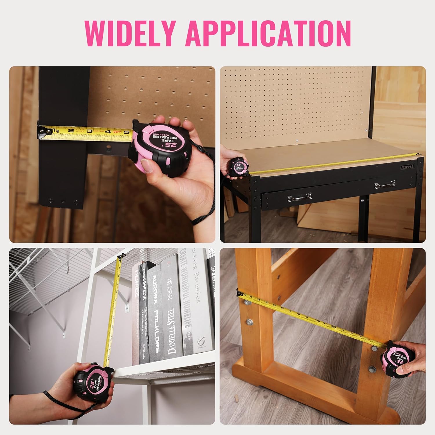 Pink and black tape measure held in hand measuring objects with retractable blade