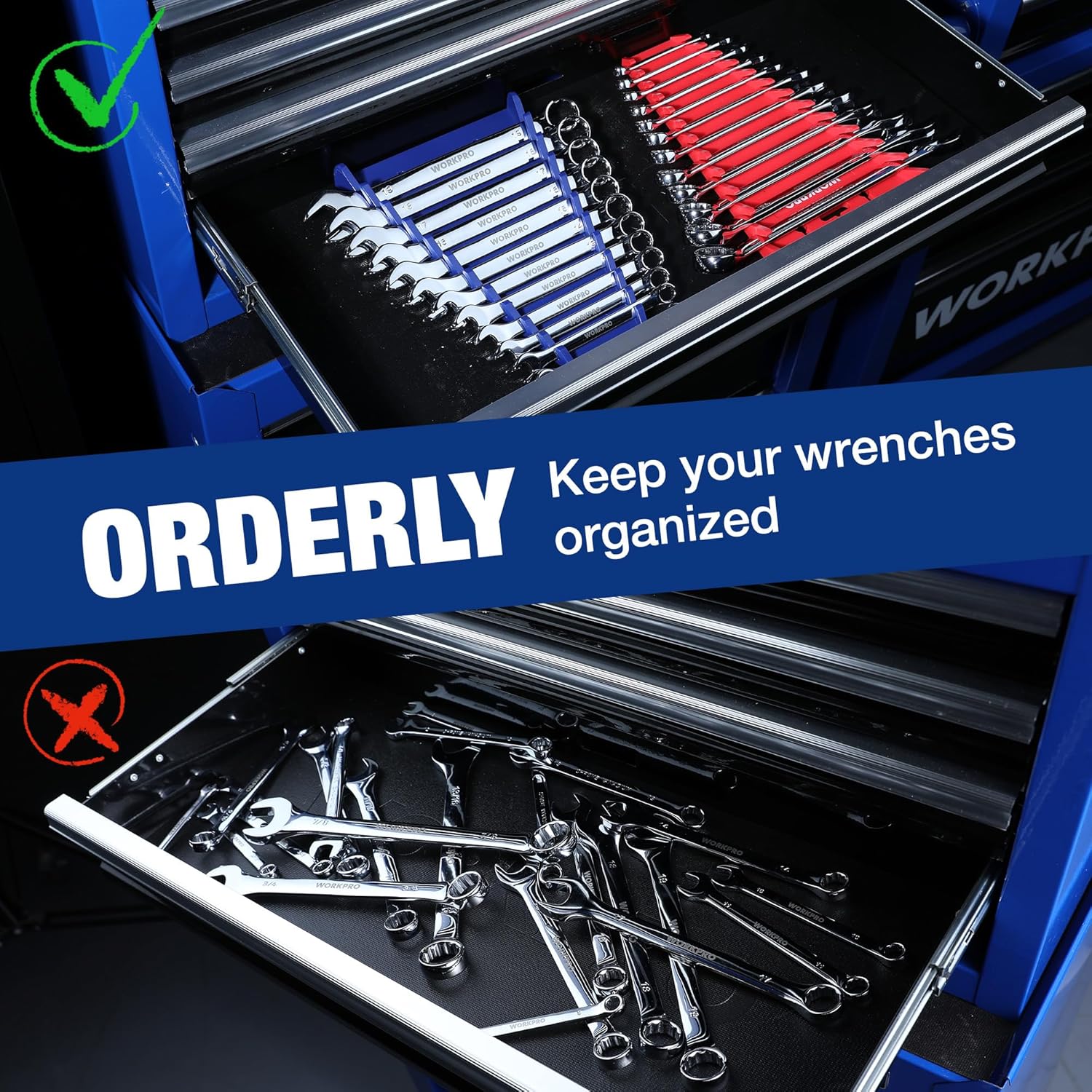 Magnetic wrench organizer in a tool box drawer holding wrenches in neat rows