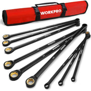 Set of black double-box ratcheting wrenches with red rolling pouch for storage