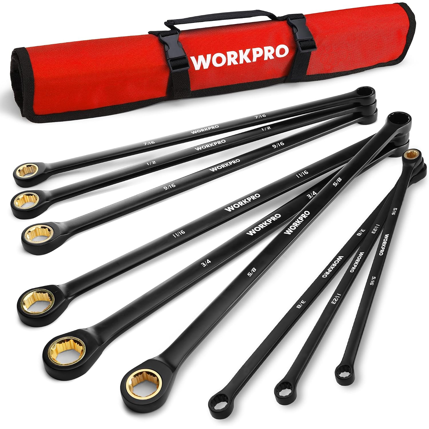 Set of black double-box ratcheting wrenches with red rolling pouch for storage