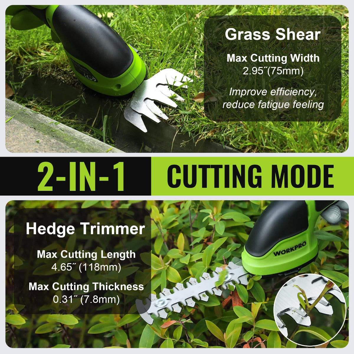 Cordless grass shear and hedge trimmer with green body, black handle, white blades