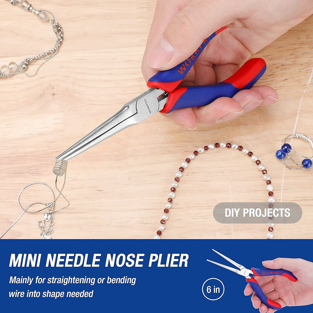 WORKPRO mini needle nose plier with blue-and-red insulated handles for fine wires